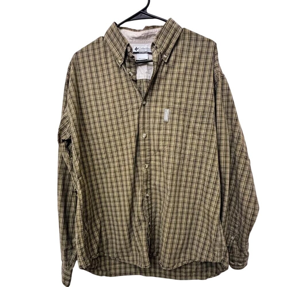 Columbia Plaid Shirt Mens Large Brown‎ Outdoor Hiking Dadcore Cotton Button Up